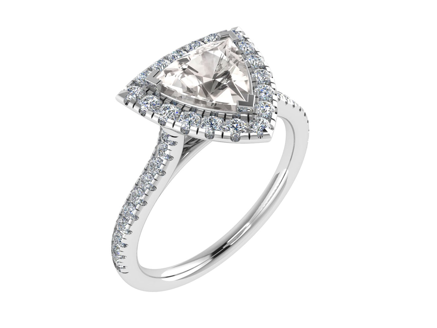 Trillion 3 claw ring with micro-set diamond halo and micro-set diamond shoulders 8.5mm