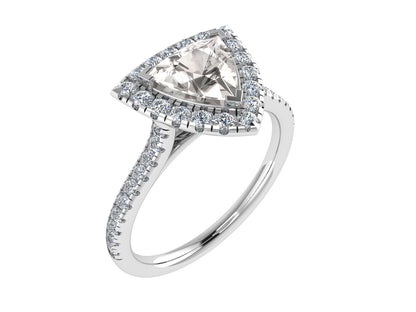 Trillion 3 claw ring with micro-set diamond halo and micro-set diamond shoulders 8.5mm