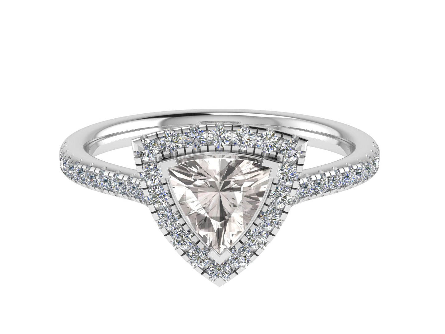 Trillion 3 claw ring with micro-set diamond halo and micro-set diamond shoulders 6mm