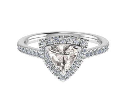 Trillion 3 claw ring with micro-set diamond halo and micro-set diamond shoulders 8.5mm