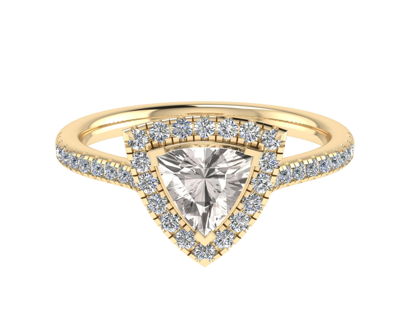 Trillion 3 claw ring with micro-set diamond halo and micro-set diamond shoulders 8.5mm