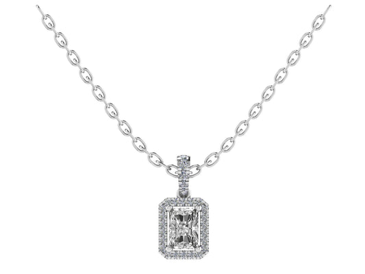 Emerald cut Four Claw Pendant with Diamond Set Halo and Bale 6x4