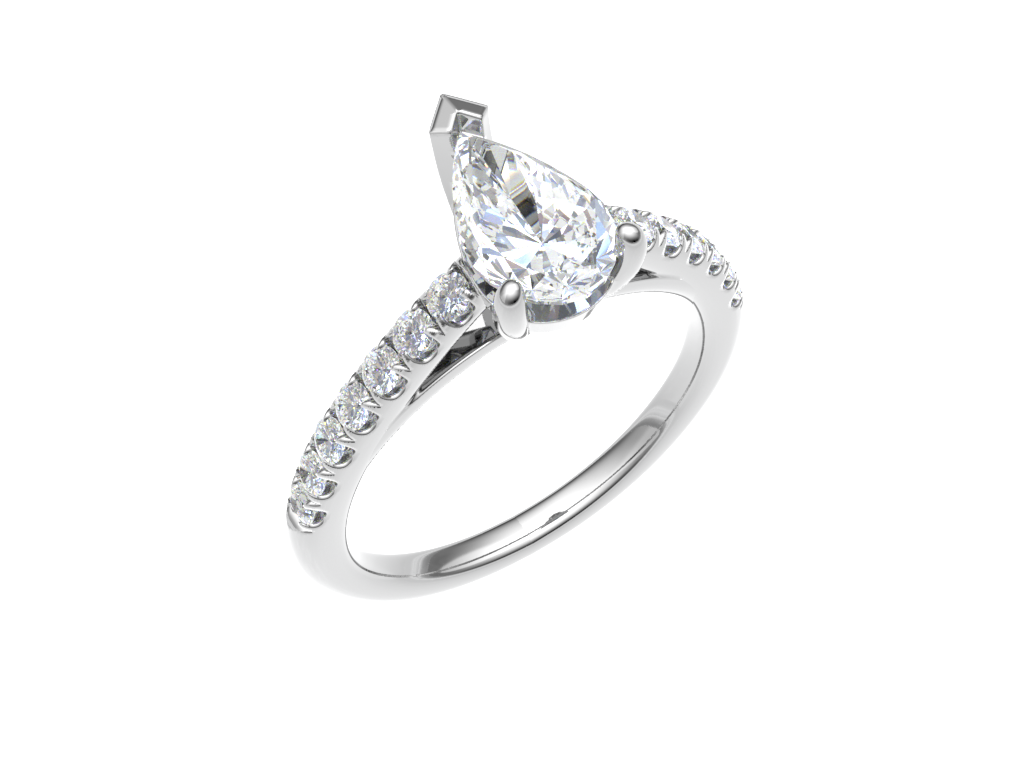 Pear three claw ring with micro-set diamond shoulders 7x5mm