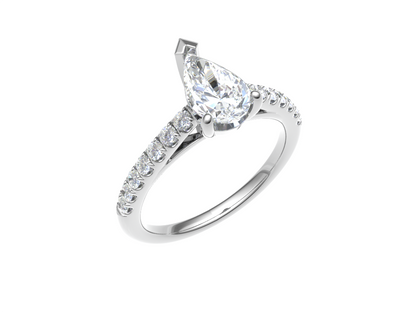 Pear three claw ring with micro-set diamond shoulders 8x6mm