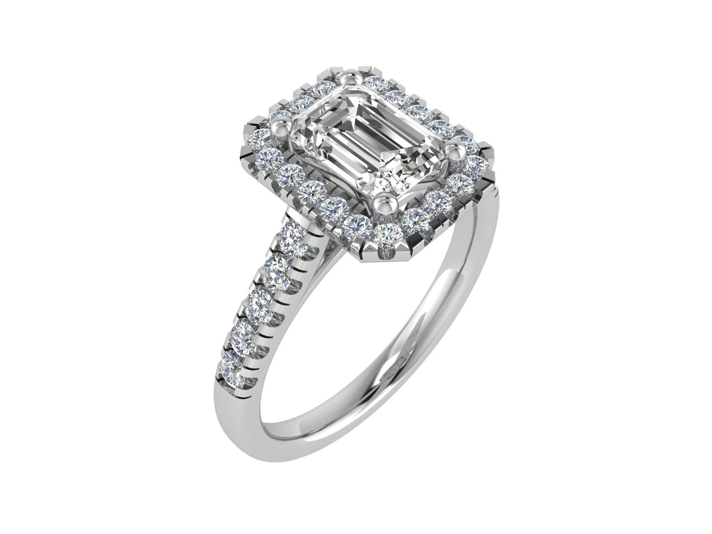 Emerald cut Ring with diamond halo and diamond set shoulders 6x4mm