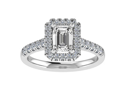 Emerald cut Ring with diamond halo and diamond set shoulders 7x5mm