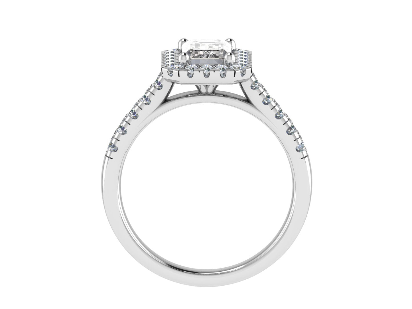 Emerald cut Ring with diamond halo and diamond set shoulders 8x6mm