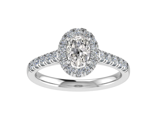 Oval Ring with Diamond Halo and Diamond set shoulders 6.5x4.5mm