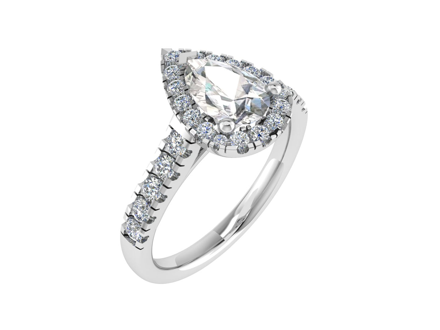 Pear three claw ring with micro-set diamond halo and micro-set diamond shoulders 6x4mm