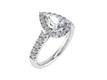 Pear three claw ring with micro-set diamond halo and micro-set diamond shoulders 8x6