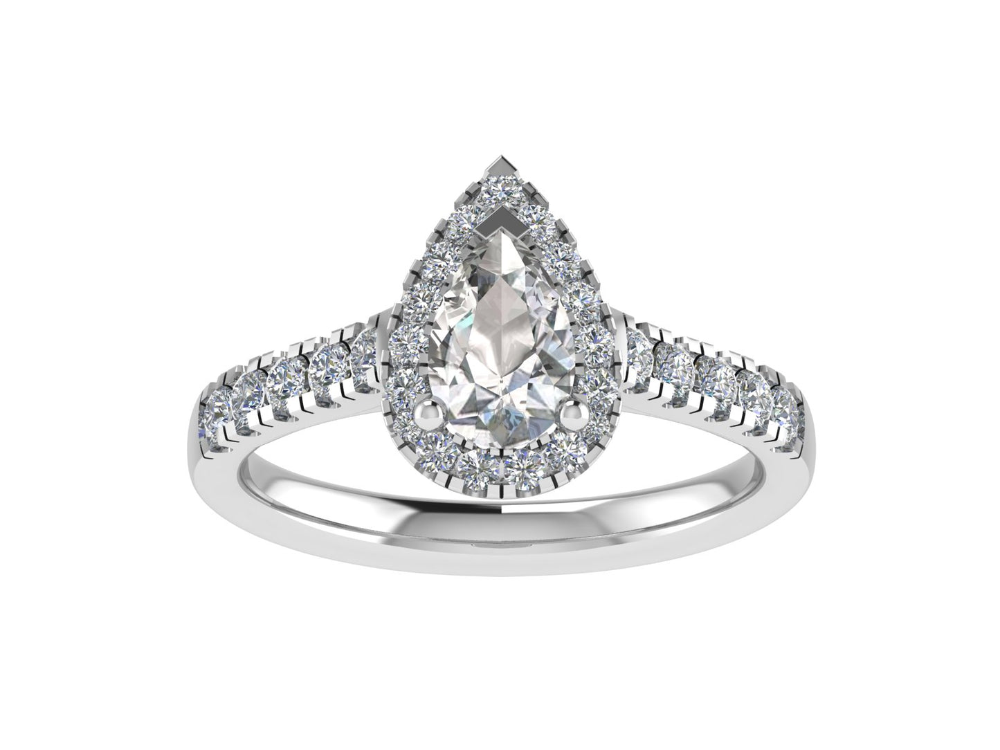 Pear three claw ring with micro-set diamond halo and micro-set diamond shoulders 7x5mm