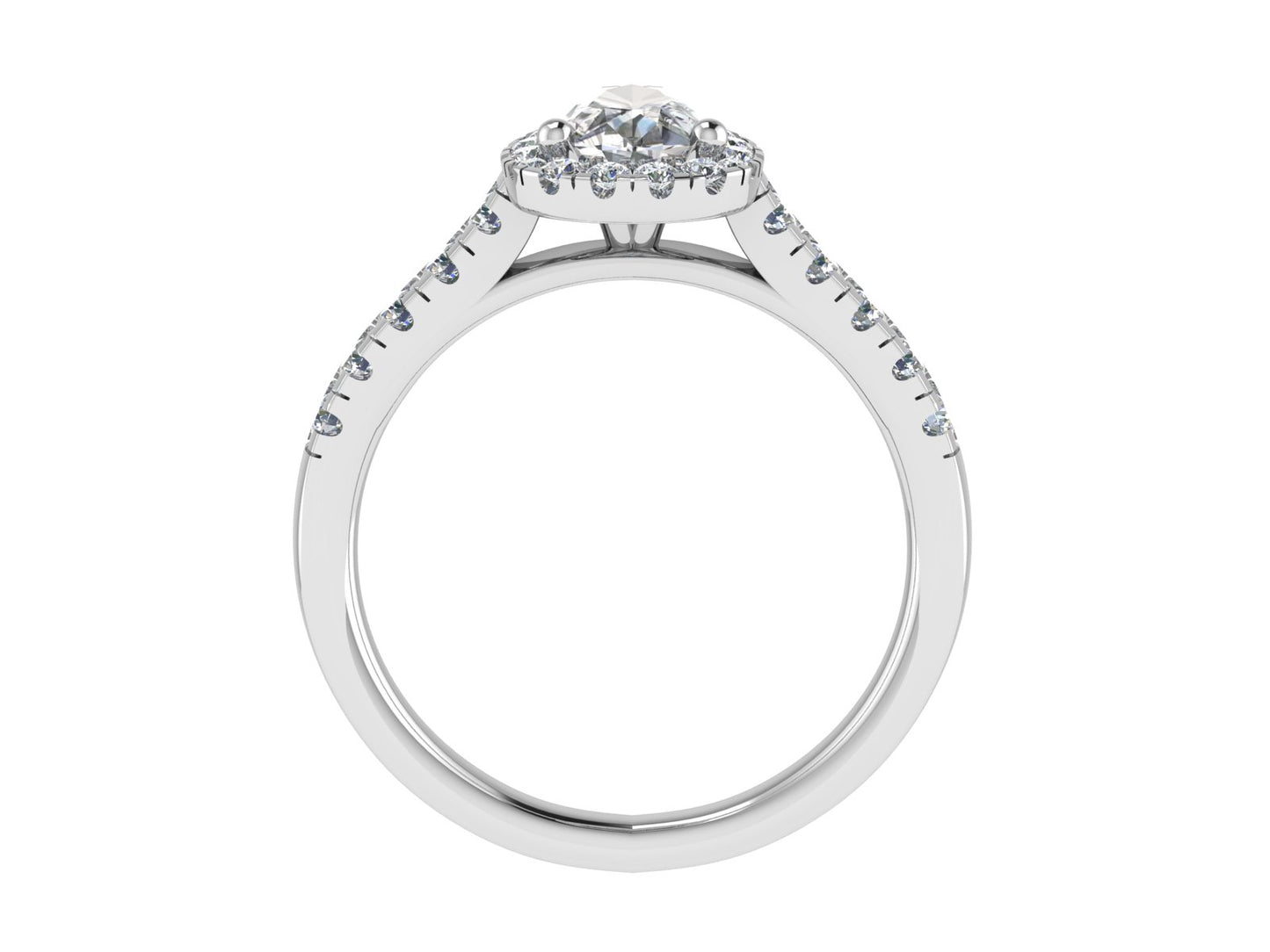 Pear three claw ring with micro-set diamond halo and micro-set diamond shoulders 6x4mm