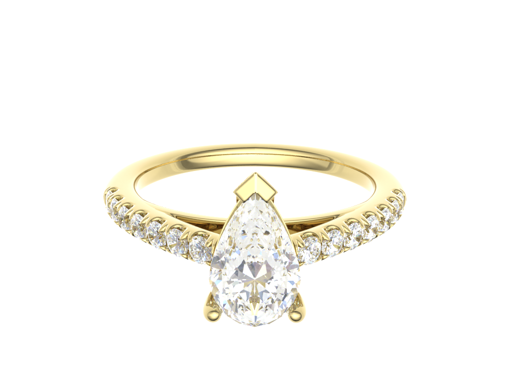 Pear three claw ring with micro-set diamond shoulders 7x5mm