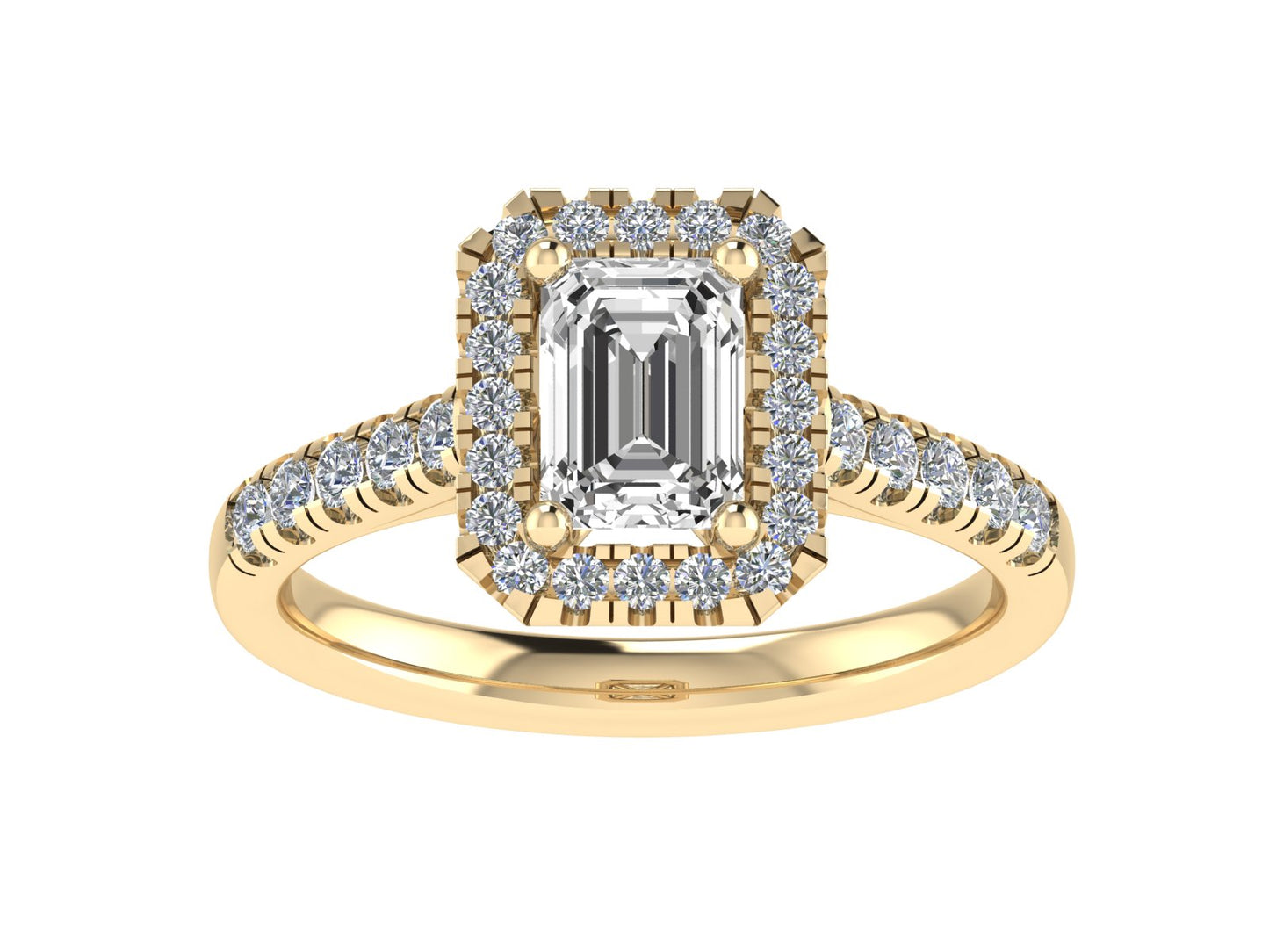 Emerald cut Ring with diamond halo and diamond set shoulders 6x4mm