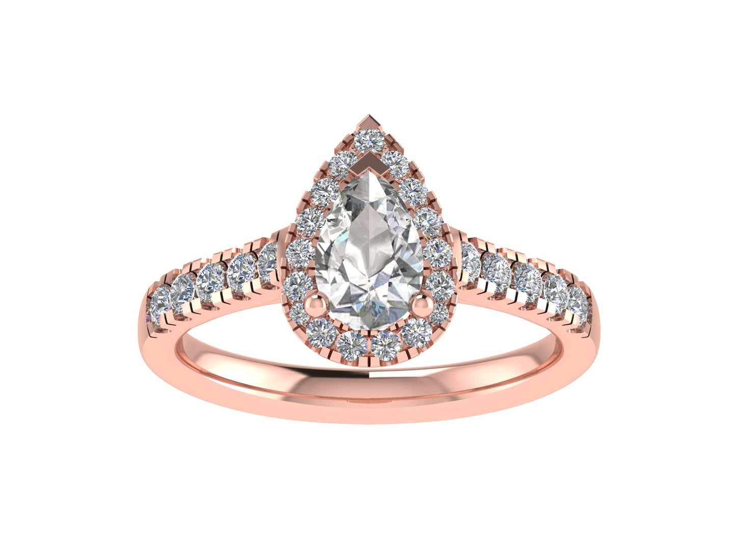 Pear three claw ring with micro-set diamond halo and micro-set diamond shoulders 8x6