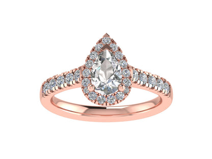 Pear three claw ring with micro-set diamond halo and micro-set diamond shoulders 7x5mm