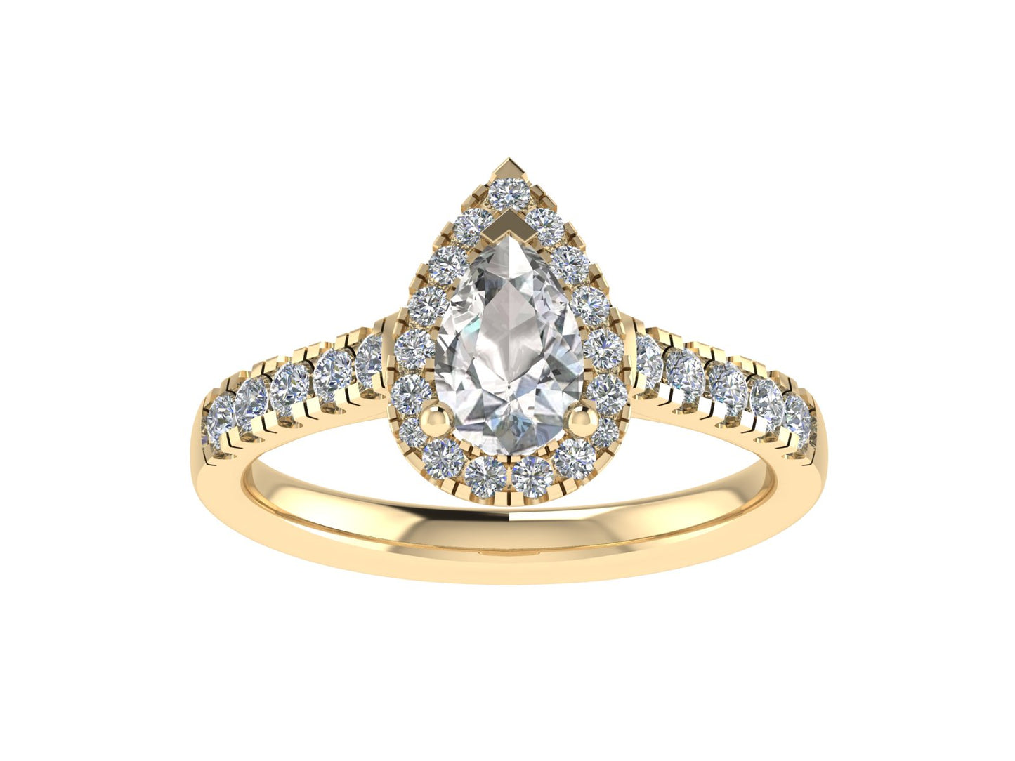 Pear three claw ring with micro-set diamond halo and micro-set diamond shoulders 8x6