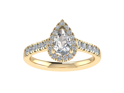 Pear three claw ring with micro-set diamond halo and micro-set diamond shoulders 8x6